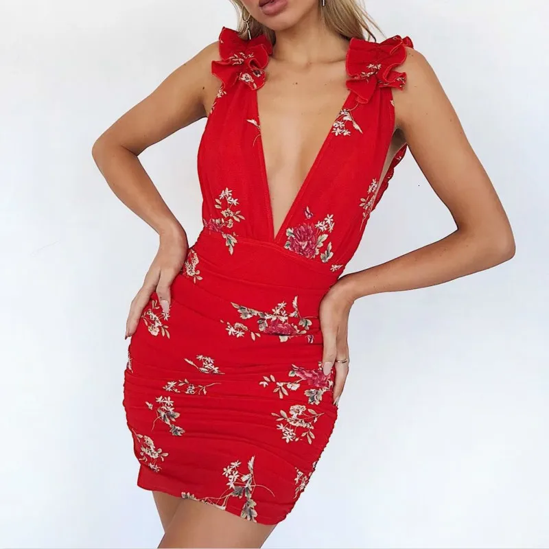 Uгость сексуальное летнее женское облегающее платье цветочный принт оборки