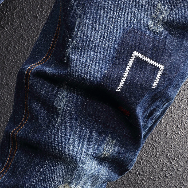 American Street Style Fashion Men Jeans Retro Blue Elastic Slim Fit Ripped Jeans Men Embroidery Designer Hip Hop Denim Pants