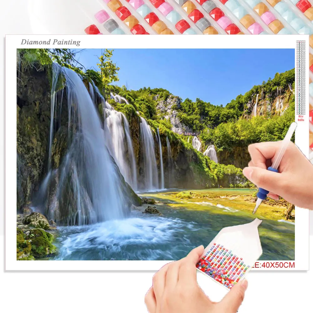Fiyo Алмазная живопись полного квадрата/круга "Водопад весеннего пейзажа" мозаика искусства горной реки Бравура Вышивка Декор на.