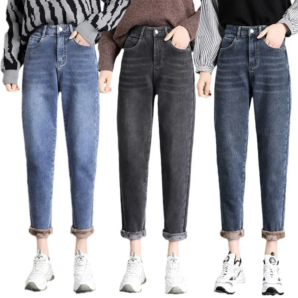 

Женские зимние Бархатные Джинсы, утепленные сохраняющие тепло джинсы с высокой талией, универсальные повседневные джинсы в стиле ретро