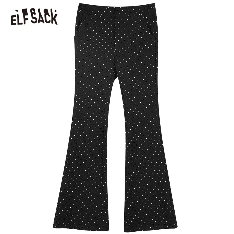 ELFSACK Polka Dot Bead Embroidery High Waist Casual Women Flare Trousers,2021 Spring ELF Korean Ladies Basic Daily Shinny Bottom