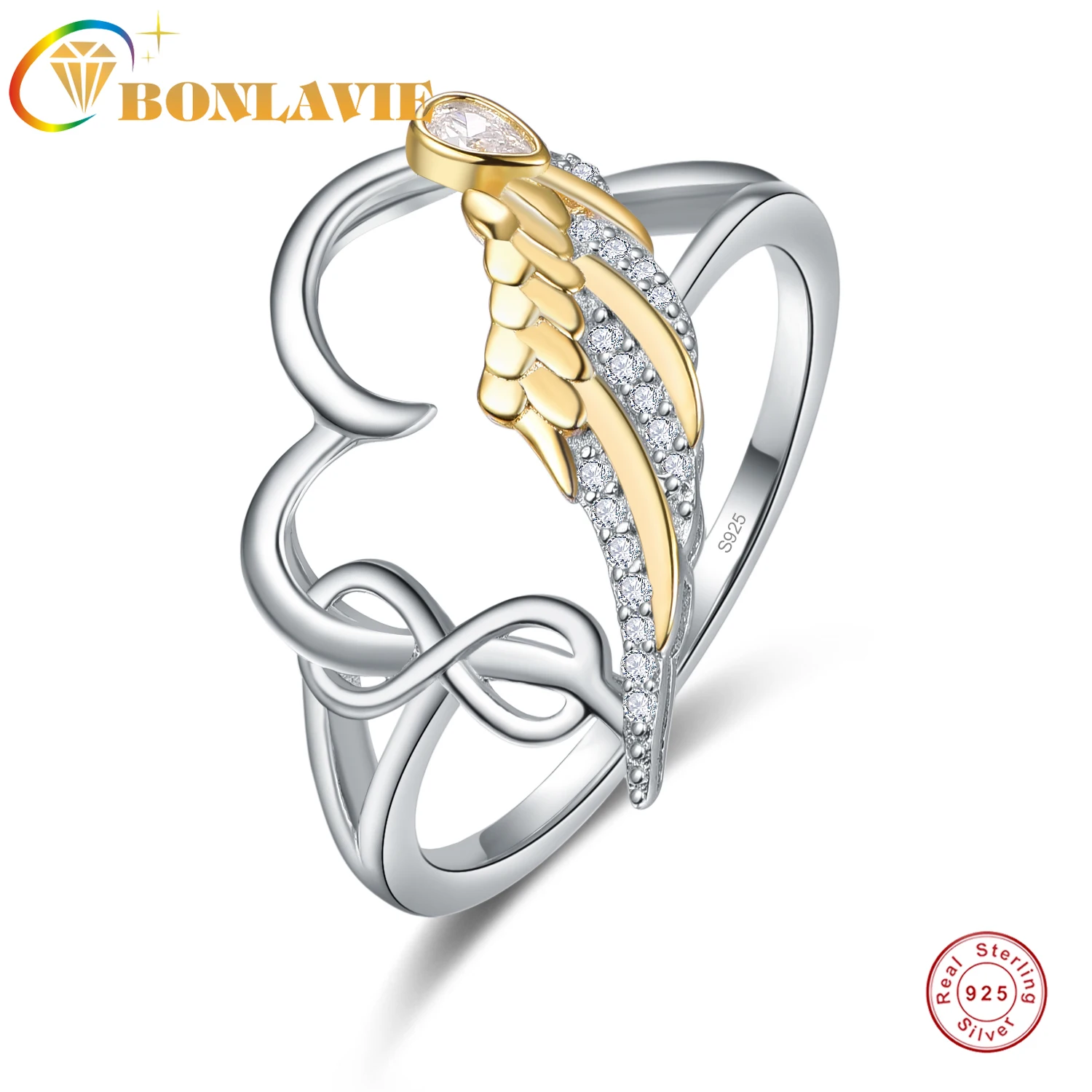 

BONLAVIE 925 Sterling Silver Plated Gold with Zircon Feather Wings Heart Infinite Ring Platinum Ring Women Jewelry