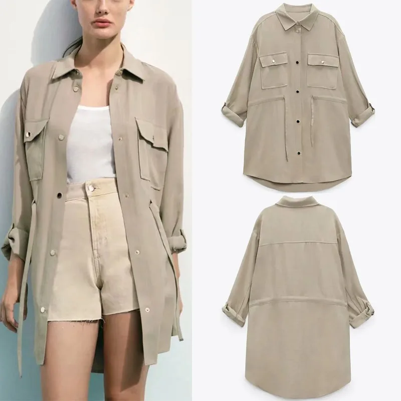 

Za Summer Pure Color Woman Shirt Fashion V-neck Five Points Sleeve Single-breasted Design Lacing Adjustable Waist Shirt Coat