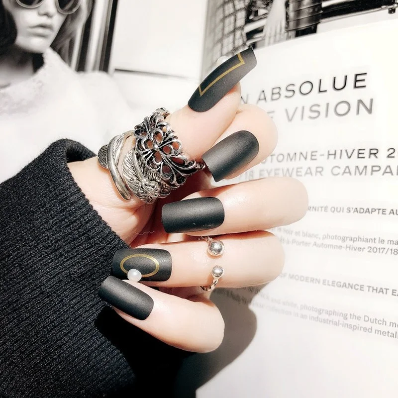Fashion Black Matte Fake Nails Finished Glamour Nail Salon Supplies and Tools 24pcs/box | Красота и здоровье
