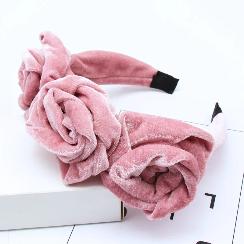 Pink (Velvet) Однотонный Шифоновый Цветок Розы ободки для женщин девушек элегантные повязки для волос невесты женские аксессуары для волос вечерние праздничные волосы обруч - Цвет: Pink (Velvet)