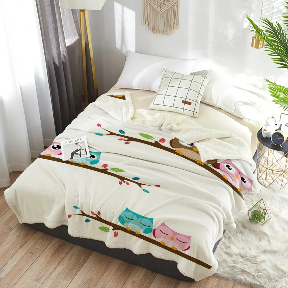 Зимнее кашемировое одеяло мультяшная сова пара ветвей теплое шерповое