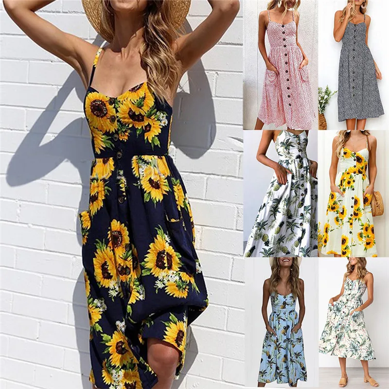 

Women Floral Printed Sling Dress Summer Boho Vestidos Back StretchTunic Dresses for Women Casual Plus Size V Neck Beach Clothing