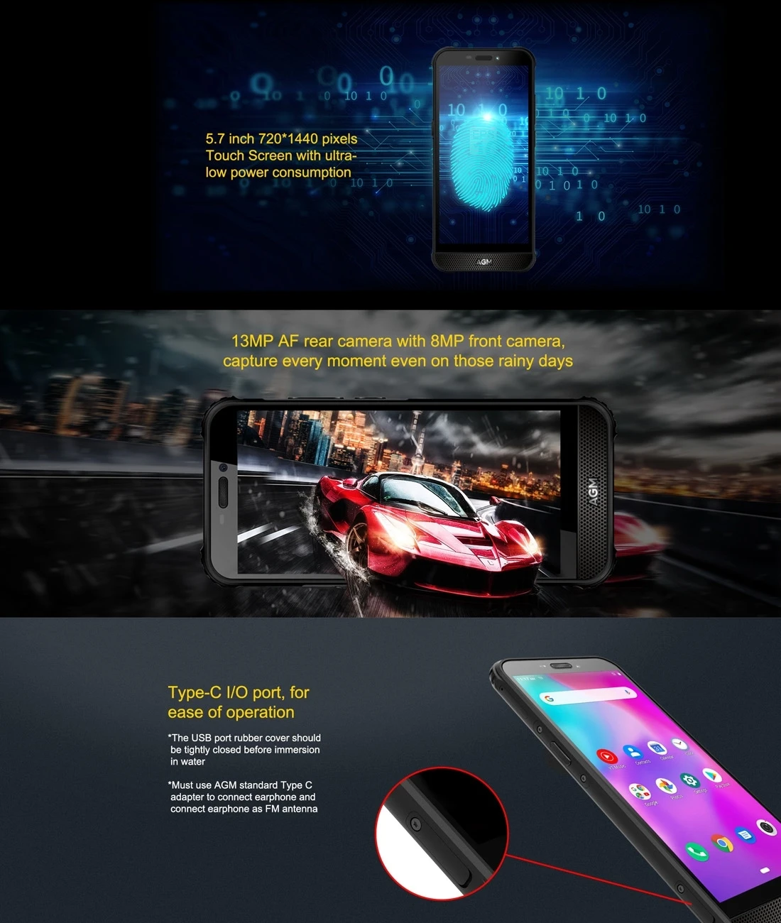 AGM A10 прочный телефон Android 9 смартфон 5 7 &quotЭкран Unisoc ums312 NFC 6 ГБ + 128 сзади Камера 13MP