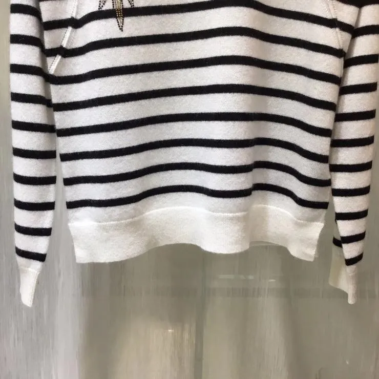 

Striped 100% Cashmere Sweater Women Hot Rhinestone O-neck Loose Casual Jumper