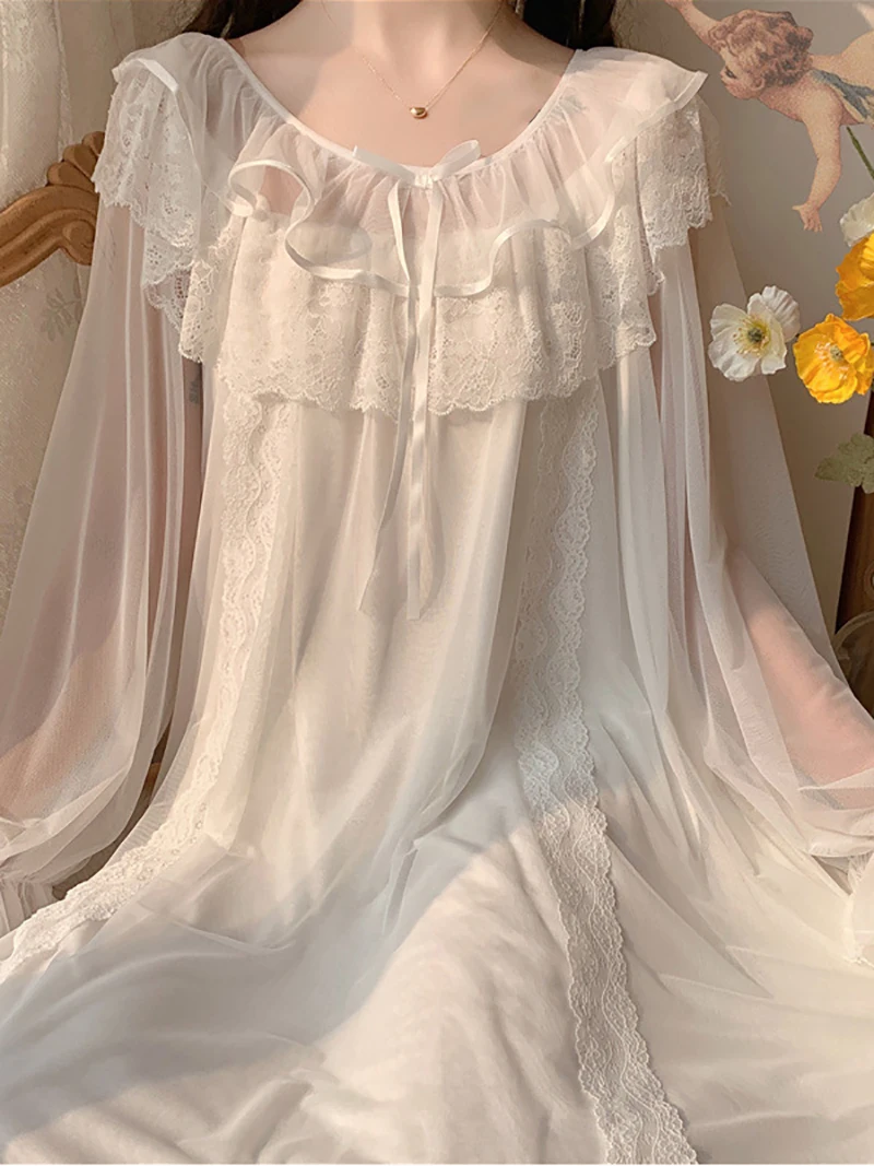 

Women Vintage Princess Sleepwear Mesh Ruffles Royal Style Lolita Fairy Lace Nightgowns.Dress Ladies Cute Nightdress Loungewear