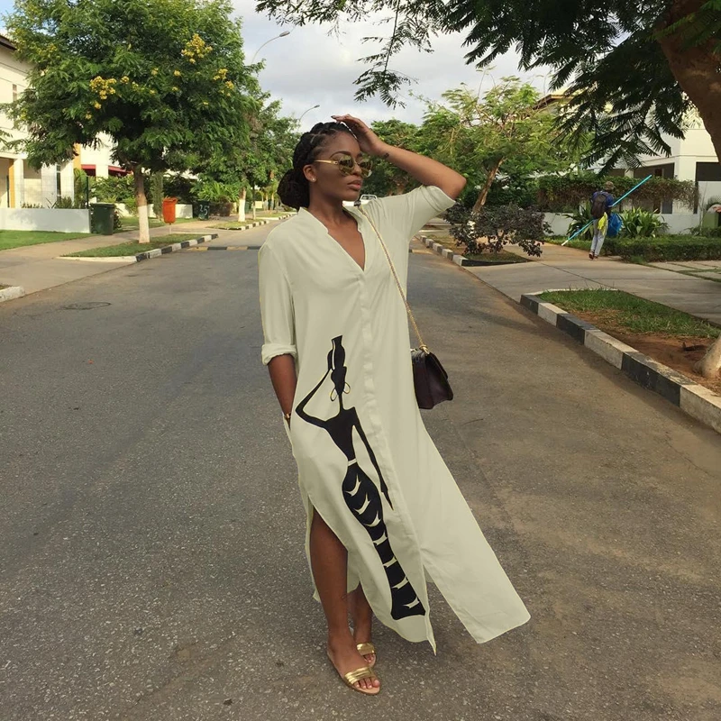 Африканское осеннее длинное платье рубашка женское с карманами рисунком