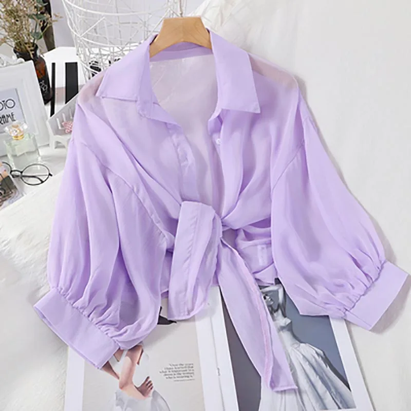 

Women 2020 Autumn Chiffon Tied Waist Casual Shirts Women Half Sleeve Buttoned Up Shirts Elegant Loose Blouse