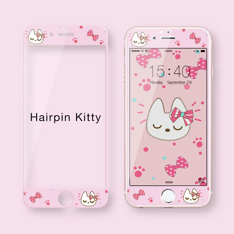 Hairpin Kitty Милый мультфильм закаленное стекло для iPhone 7 8 Защитная пленка для экрана для iPhone 7 8 Plus Защитная пленка для экрана 3D мягкая твердость края - Цвет: Hairpin Kitty