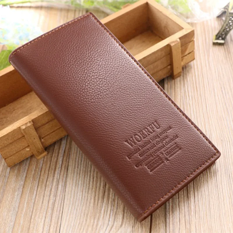 Light Brown Новинка, мужские длинные кошельки, модный Одноцветный кожаный кошелек, винтажная сумка для монет для мужчин, клатч, Чековая книжка, бумажник для карточек и денег - Цвет: Light Brown