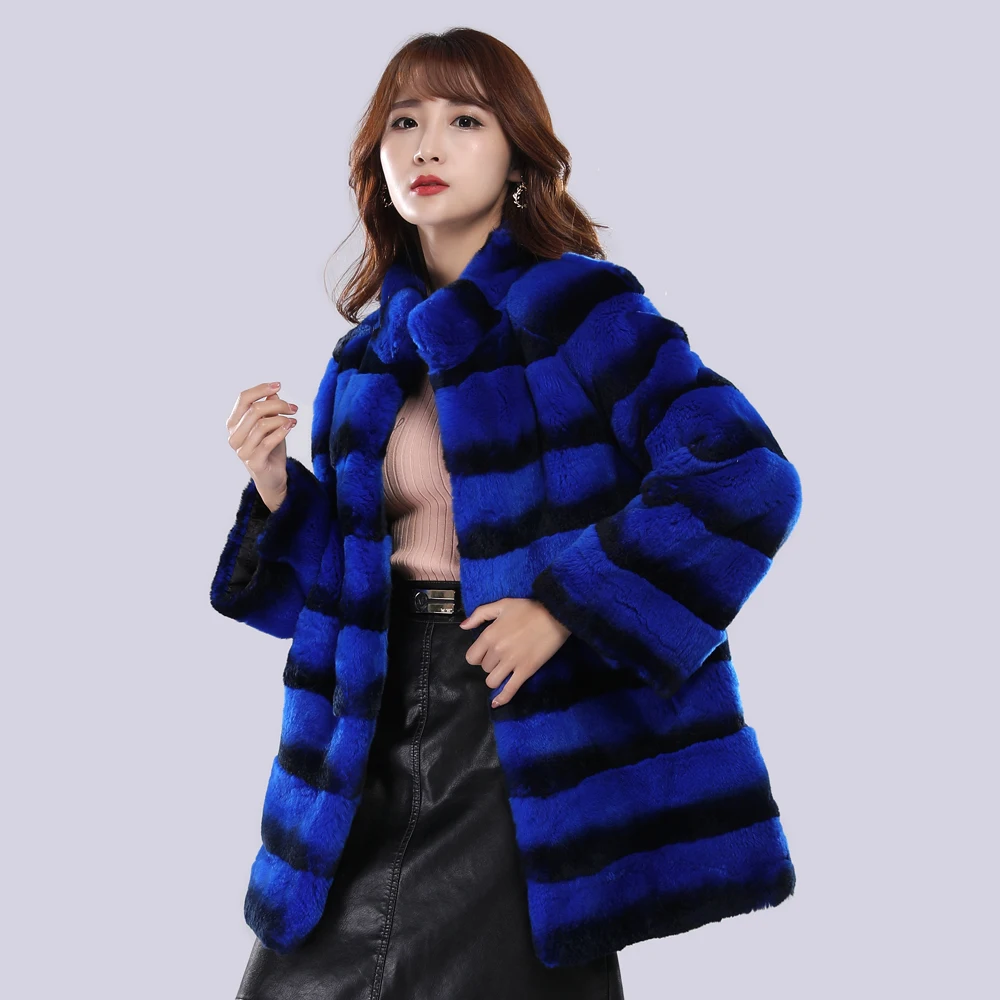 Зимние женские меховые пальто из Шиншиллы толстое Полосатое натурального меха