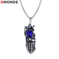 vintage punk feather pendant necklace with blue stone 60cm stainless steel link chains for men new design men fashion jewelry