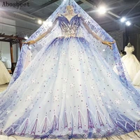 floral blue ball gown wedding dress 2021 plus size new fashion robe mariee 150cm train high collor long sleeve bridal gown