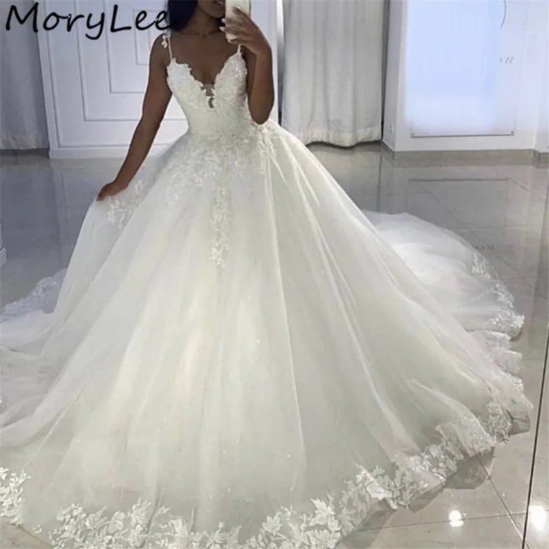 

Lace Wedding Dresses V-Neck Spaghetti Straps Floor Length Sweep Train Lace Applique Soft Tulle Wedding Dresses vestido de noiva