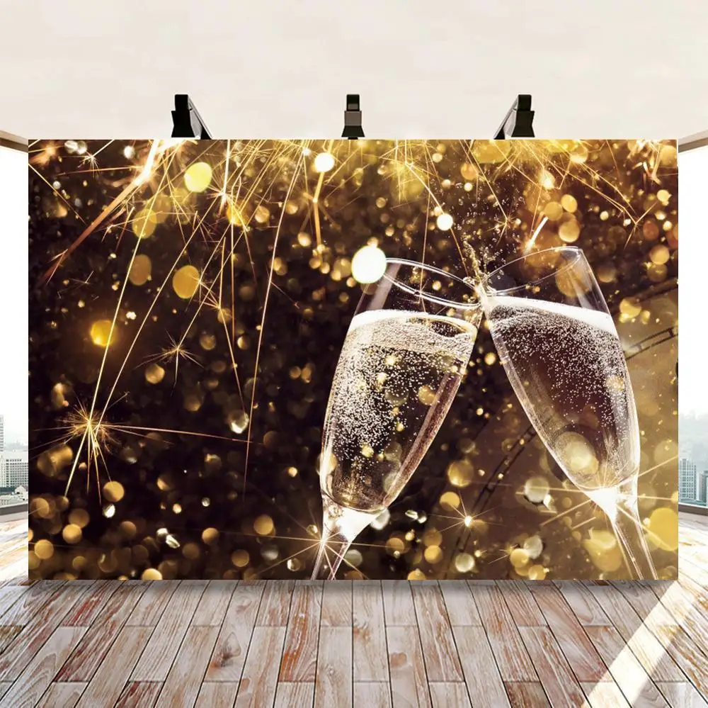 

Birthday Party Photography Background Black Gold Decor champagne Glass backdrop Banner Photo Booth studio Props