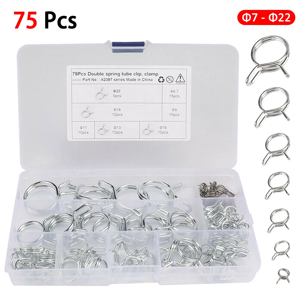 

75pcs Double Wire Fuel Line Hose Pipe Tube Clamp Spring Clip Assortment Stainless Steel Wire Spring Tube Hoses Clamp Accessories