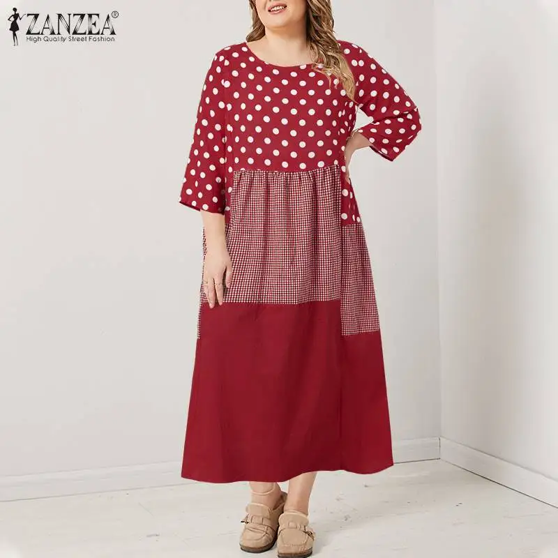

2021 ZANZEA Plus Size Women Autumn Polka Dot Dress Vintage Pacthwork Long Sundress Casual Cotton Vestidos Femme Robe Kaftan 5XL