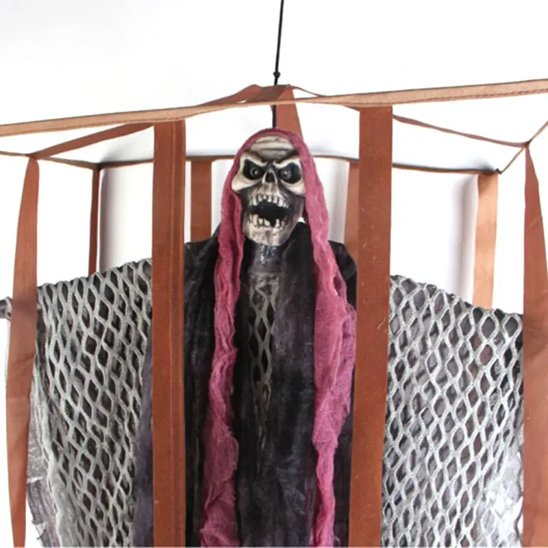 

Caged Prisoner Skeleton with Voice Activated Scary Halloween Horror Prop decor Q6PB