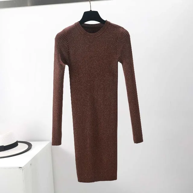 o-neck coffee Ezsskj, высокоэластичное осенне-зимнее платье-свитер, женское, теплое, женское, водолазка, трикотажное, облегающее, элегантное, блестящее, Клубное платье OL - Цвет: o-neck coffee