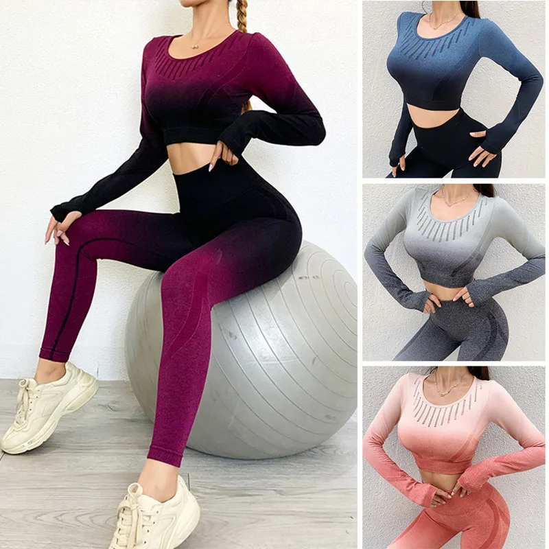 

Women's Tracksuit Yoga Set Female Clothing2/3PCS Seamless Workout Sportswear Push Up Sports Leggings Long Sleeve Top Gym Suits