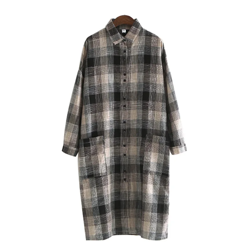 

Retro Women Blouses Turn-down Collar Autumn Linen Shirts Plaid All-match Batwing-sleeve Loose Outwear Harajuku Female 3 Color