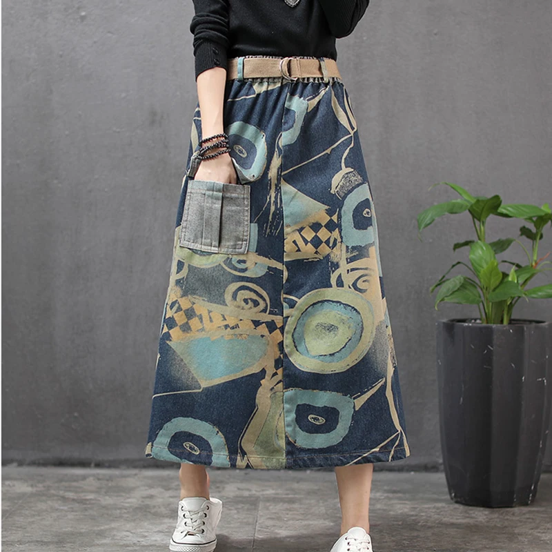 

Женская джинсовая юбка средней длины, универсальная свободная трапециевидная юбка с поясом на резинке и высокой талией, весна-осень 2020