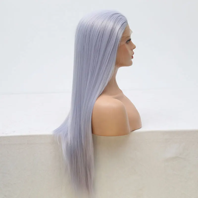 BM Straight Synthetic 13*4 Lace Front Wig Light Blue Grey Heat Resistant Fiber Hair Natural Hairline Free Parting For Women Wigs
