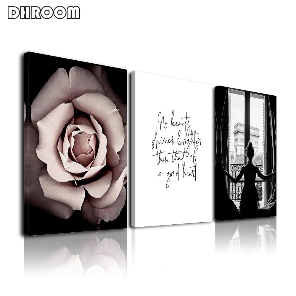 

Scandinavian Style Fashion Framed Poster Pink Flower Girl Modern Wall Art Canvas Print with Painting for Living Room Decor
