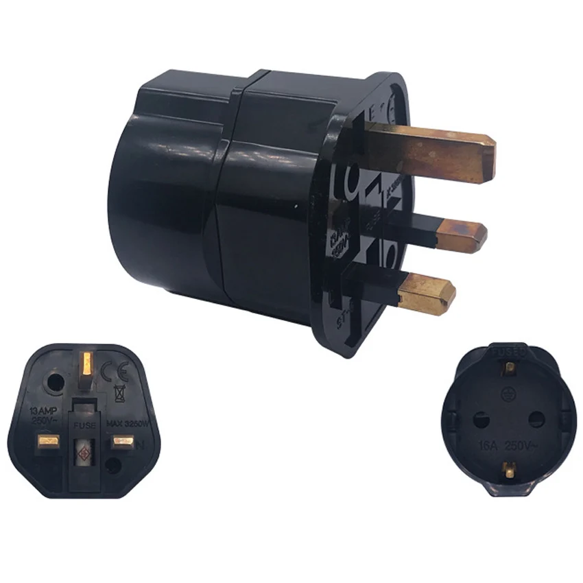 2pcs Germany franch eu to uk fused plug adapter 2pin power cord convert wired connector female 16A 13A male UK | Электроника