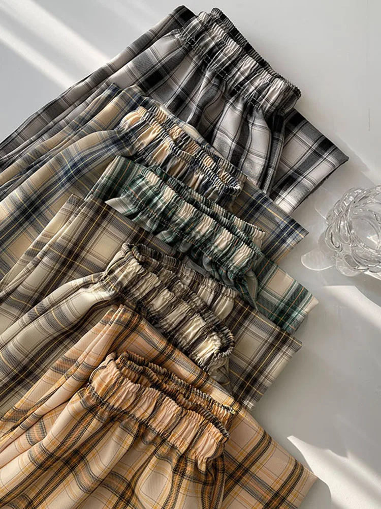 Женские брюки в клетку повседневные длинные с широкими штанинами весна-лето 2021 |