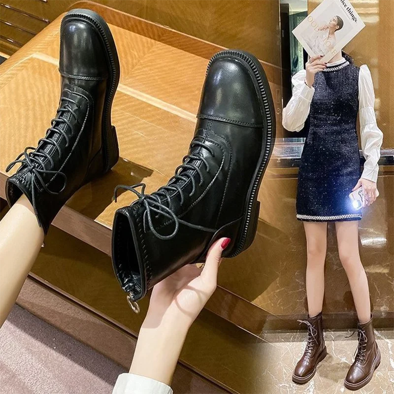 

2020 Winter Autumn British Style New Arrival Martin Boots Ankle Booties Soft Comfortable Leather Lace-Up Adul Flat Female Shoes
