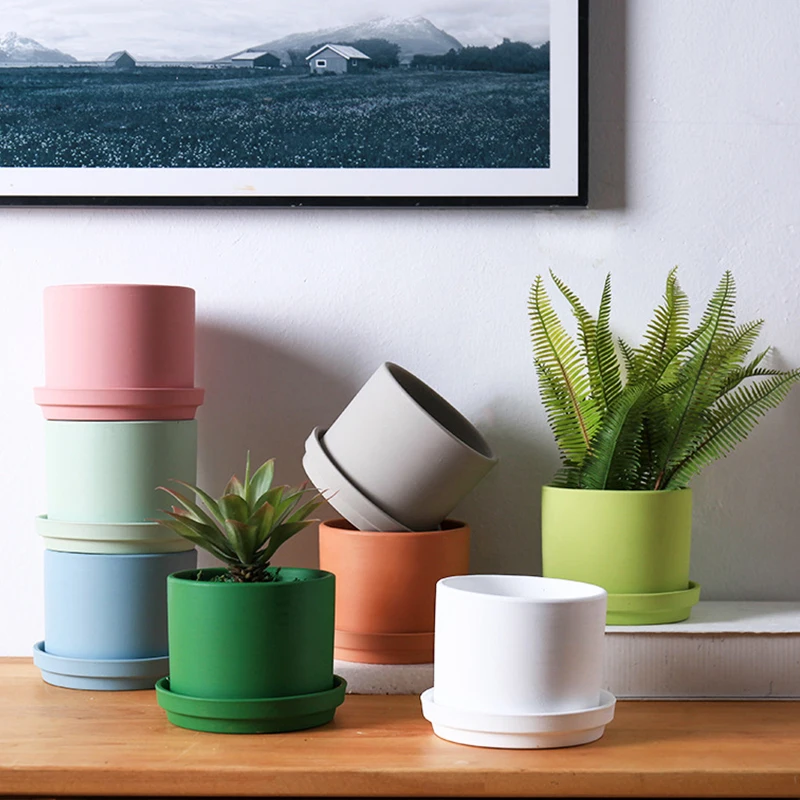 

Nordic Color Round Red Pottery Succulent Flowerpot With Tray Minimalist Green Plant Basin Art Ornament Home Creative Gardening