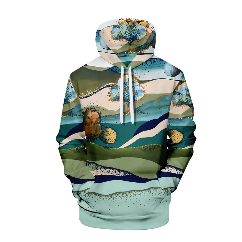 

men's abstract landscape creative printing 3D digital printing pullover 3D drawstring hooded sweater
