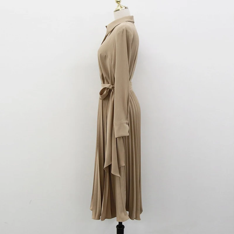 

Women Pleated Long Shirt Dresses For Office Lady Elegant Solid Lapel High Waist Dress Female 2021 Autumn Spring Vestido