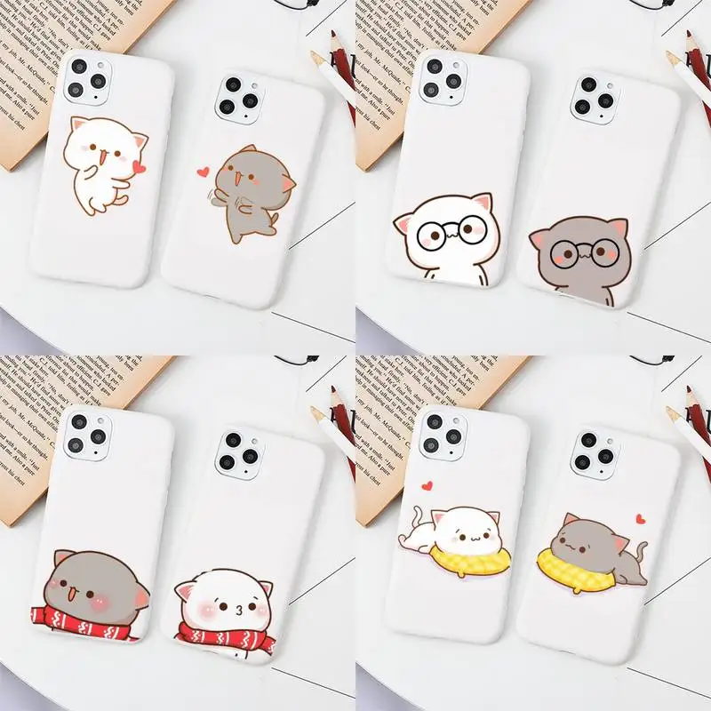 

Peach cat cute cartoon couple Phone Case for iphone 13 12 mini 11 Pro Max X XS XR 7 8 6 6S Plus Solid Color Capa