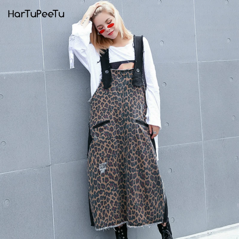

Women's Casual Strap Leopard Pinafore Bib Overall A Line Dress Hole Patch Stitching with Pockets 2020 Fashion Tide