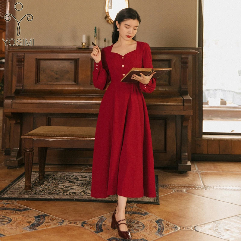 

YOSIMI Red Women Dress Elegant 2021 Autumn Strapless Neck Mid-calf Long Sleeve Fit and Flare A-line Vintage Party Dress Female