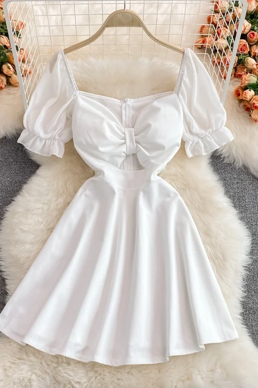 

Gentle wind slim dress women's 2021 summer new waist fold temperament square neck bubble sleeve Platycodon dress