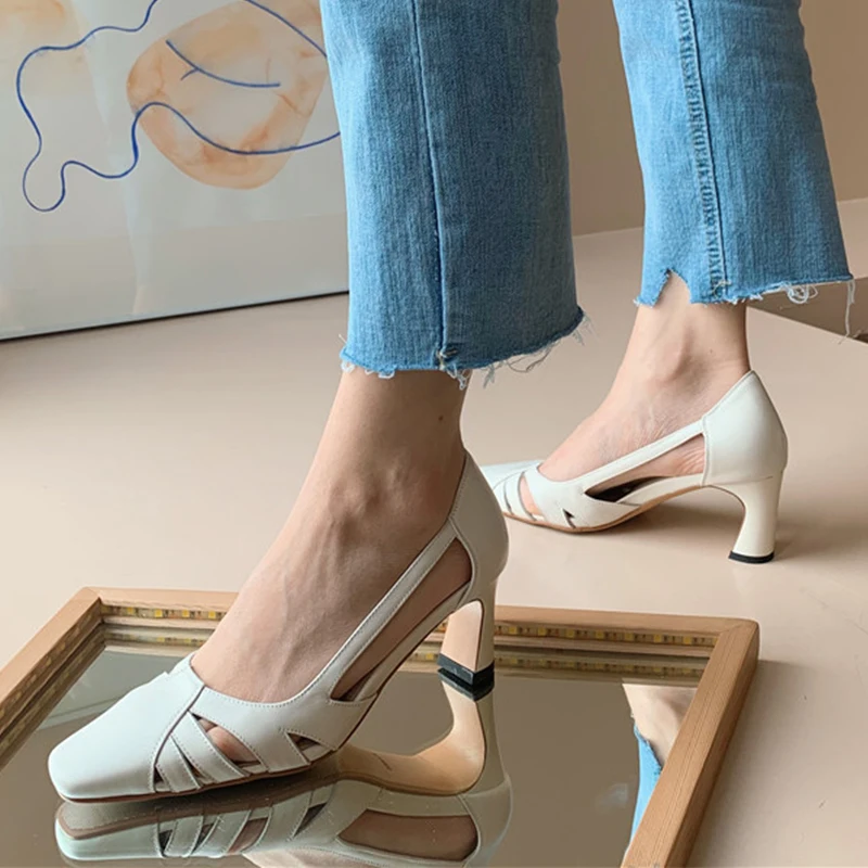 

Genuine Leather Slip-On Women Shoes Fashion Spring/Autumn Concise Shallow Pumps Square Toe Square Heel Shoes Woman Size 34-40
