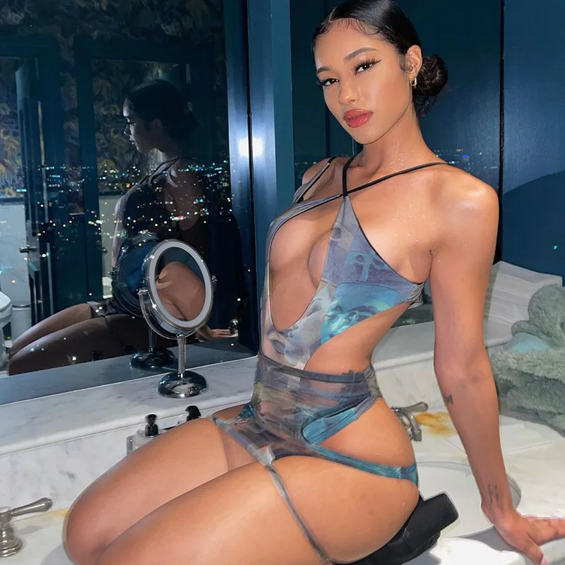 

Casual Suits with Skirt Printing Sexy Bodycon Wrap Skirt Hollow Irregular Sleeveless Backless Mini Skirts 2021 Summer