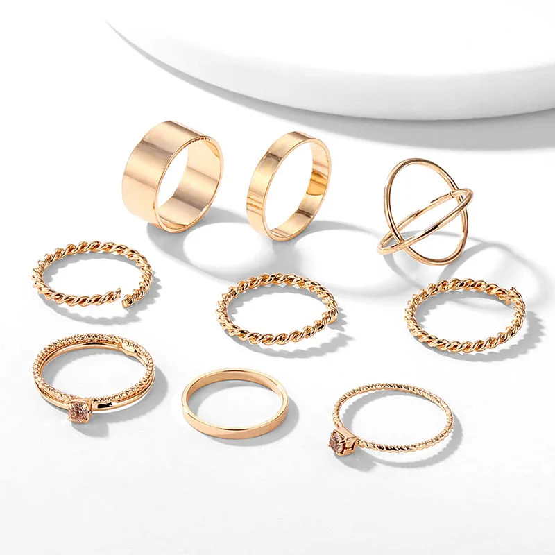 9 шт./компл. модный набор колец золотого и серебряного цвета с кристаллами для