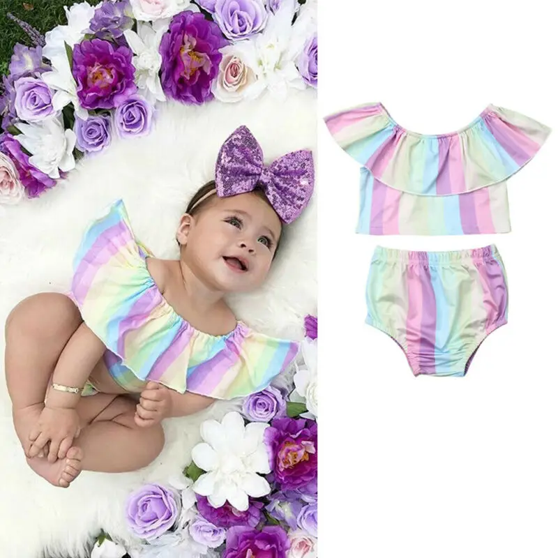 

Toddler Baby Girls Fashion Sleeveless T-shirt Short Pants Rainbow Print Clothes Set