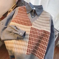 korean fashion v neck knitted sweater women thicken sweater summer loose vintage long sleeve vest sleeveless pullover sweater