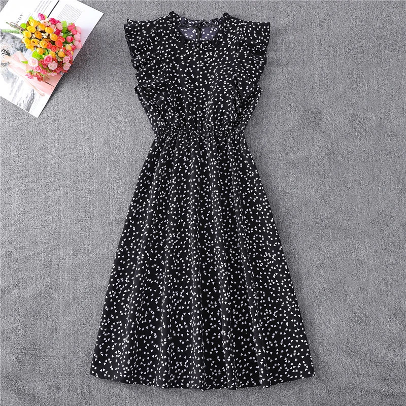 

2021 New Dot Print Dress Women Butterfly Sleeves Ruffles Medium Long Chiffon Dress Summer for Casual