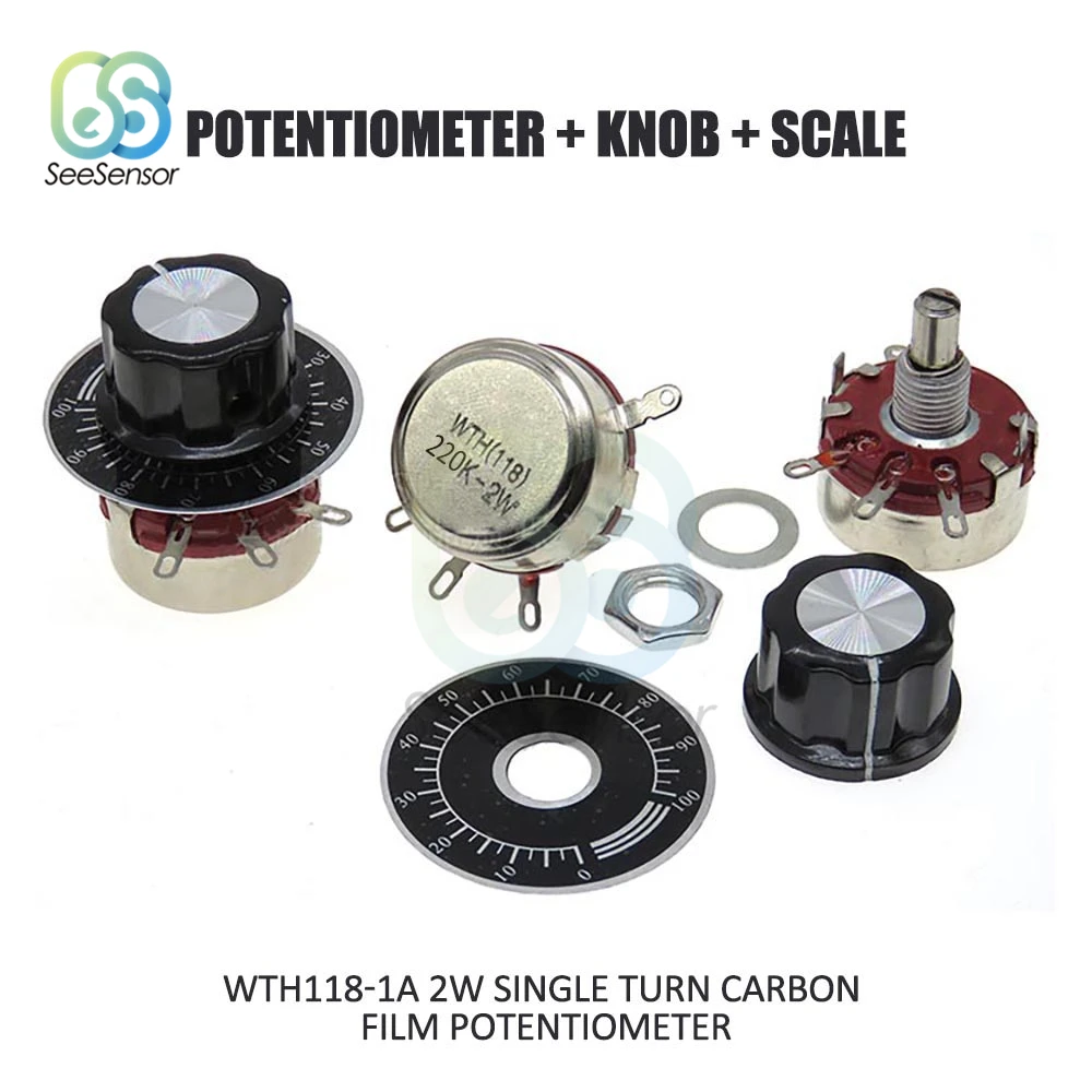 220K Ohm 2W 1A одноповоротный потенциометр из углеродной пленки + ручка весы WTH118 DIY