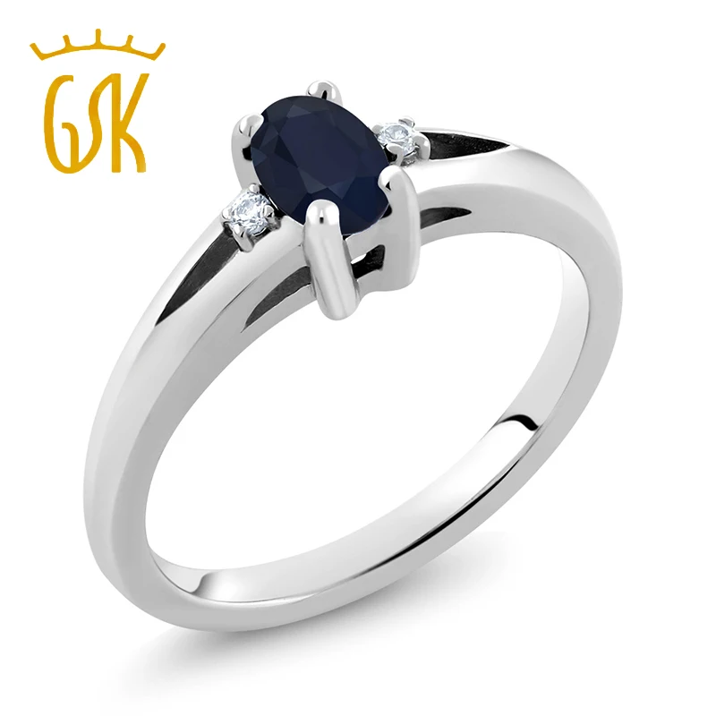 GemStoneKing 0,58 карат Овальный Натуральный Синий сапфир Белый бриллиант 925 пробы Серебряное кольцо для женщин